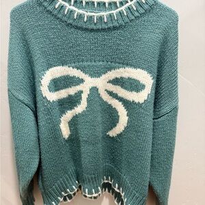 Teal and White Bow Sweater